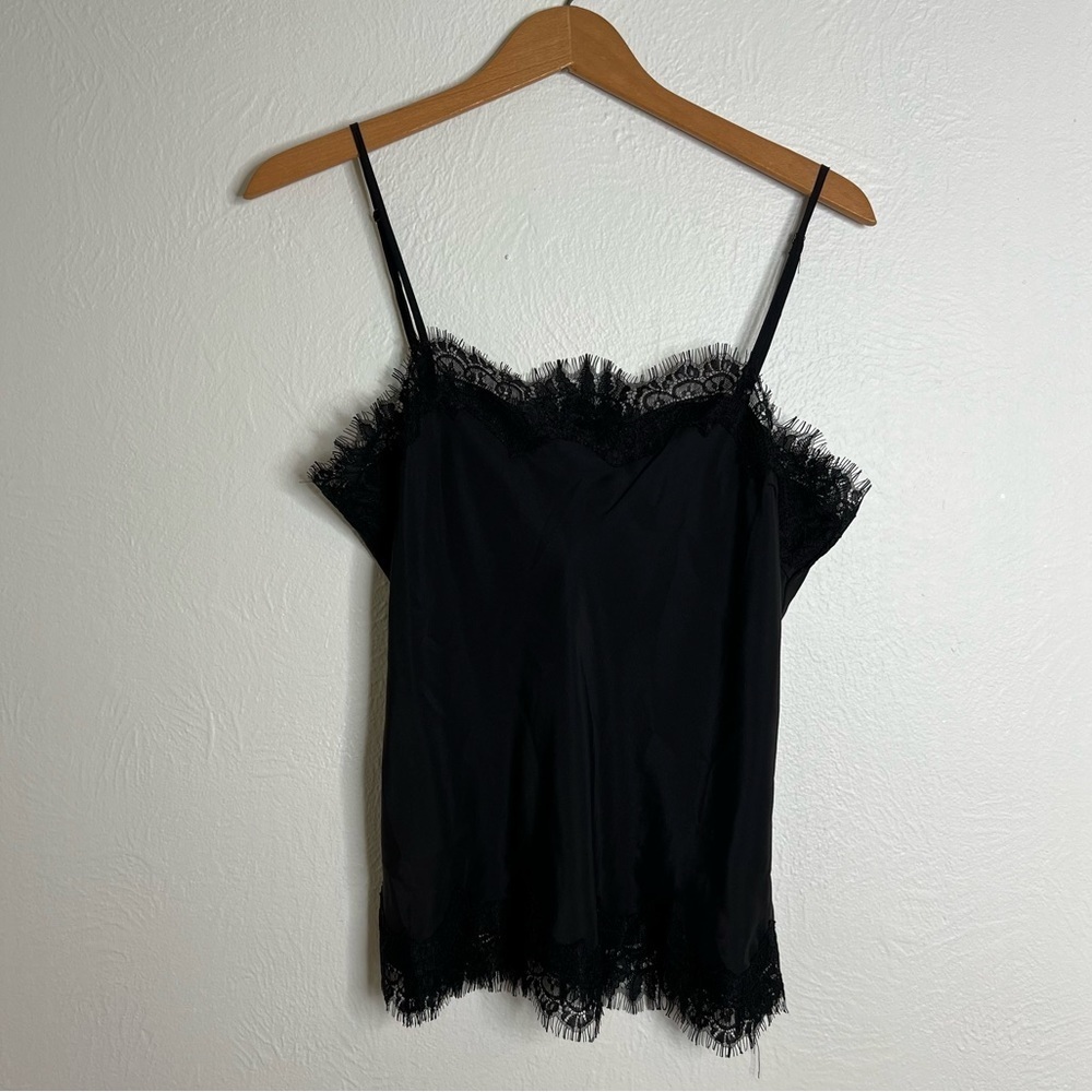 Womens Vintage Black Lace Trim Satin Adjustable Strap Cami Tank Top Size L